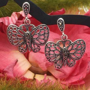 925 Sterling Silver Marcasite Butterfly Post Earrings Delicate Lacy Wings